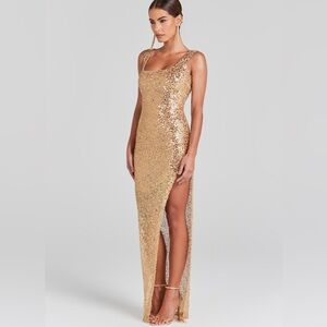 NADINE MERABI Gold Sequin High Low Dress